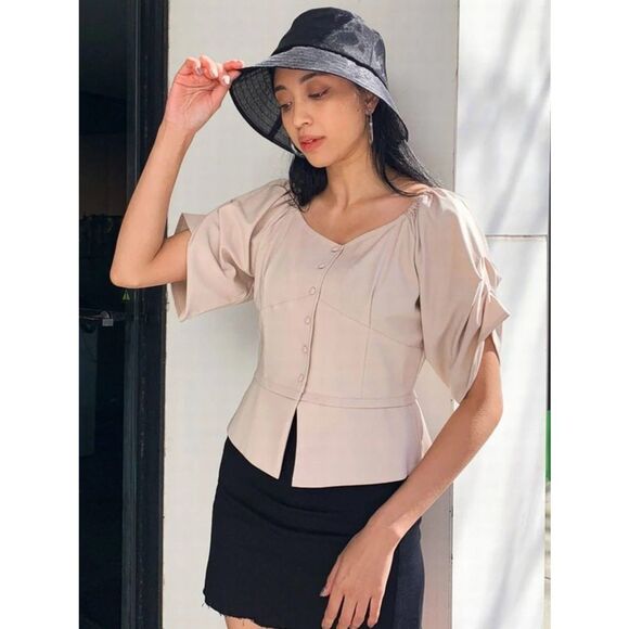 EMODA Arm Tuck 2-Way Decollete Top Button Up Blouse Taupe Tan Greige Sz M - Picture 1 of 9